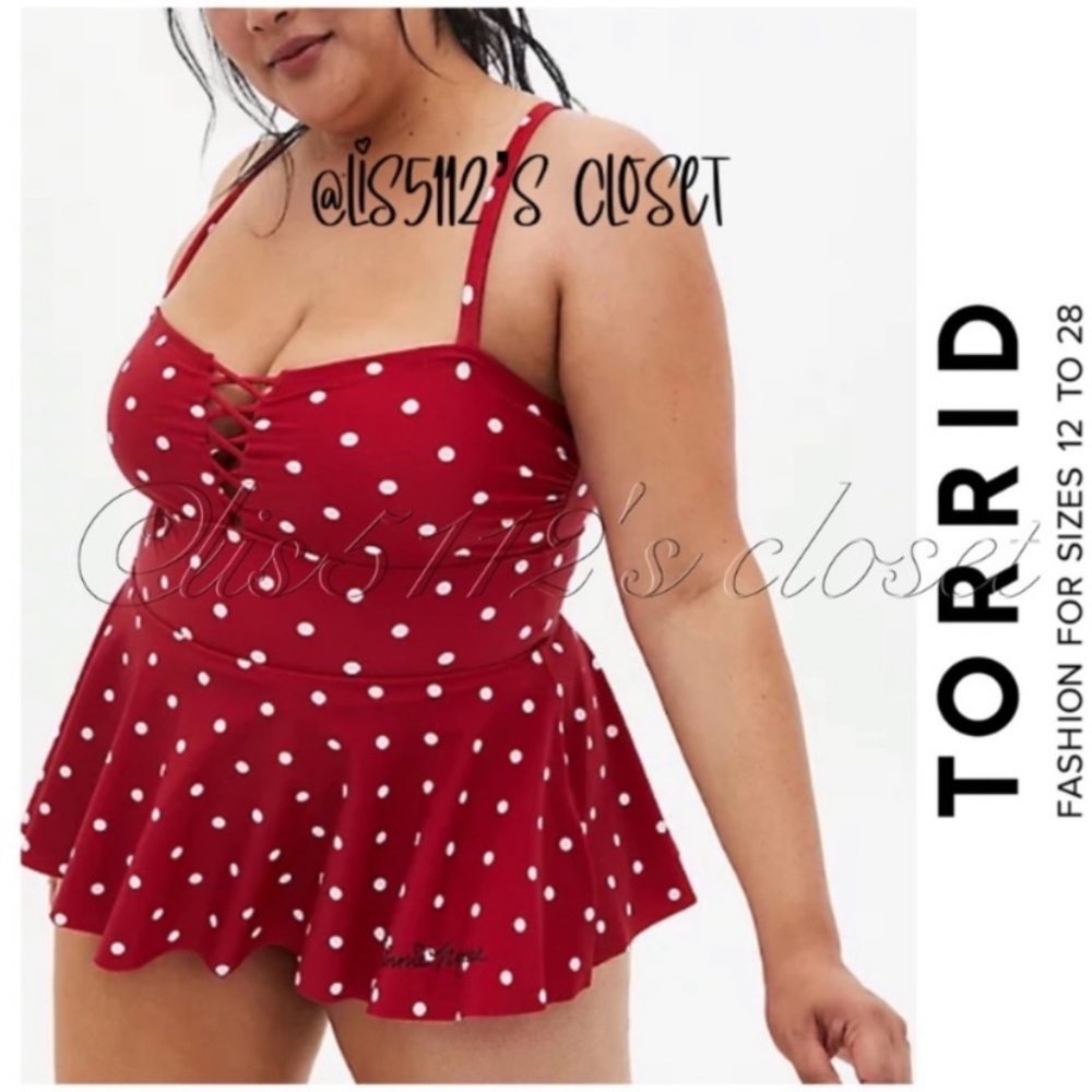 Torrid Disney Minnie Mouse Red Dot Retro Lattice Peplum Swim Dress Swimsuit 3X